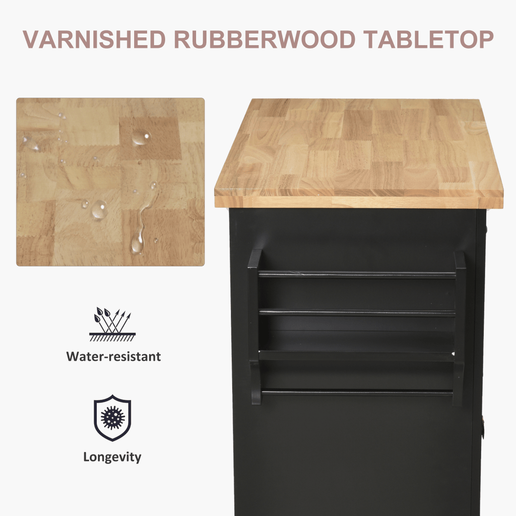 Rolling Kitchen Island Cart with Black Rubberwood Top and Storage Solutions - JP Haus