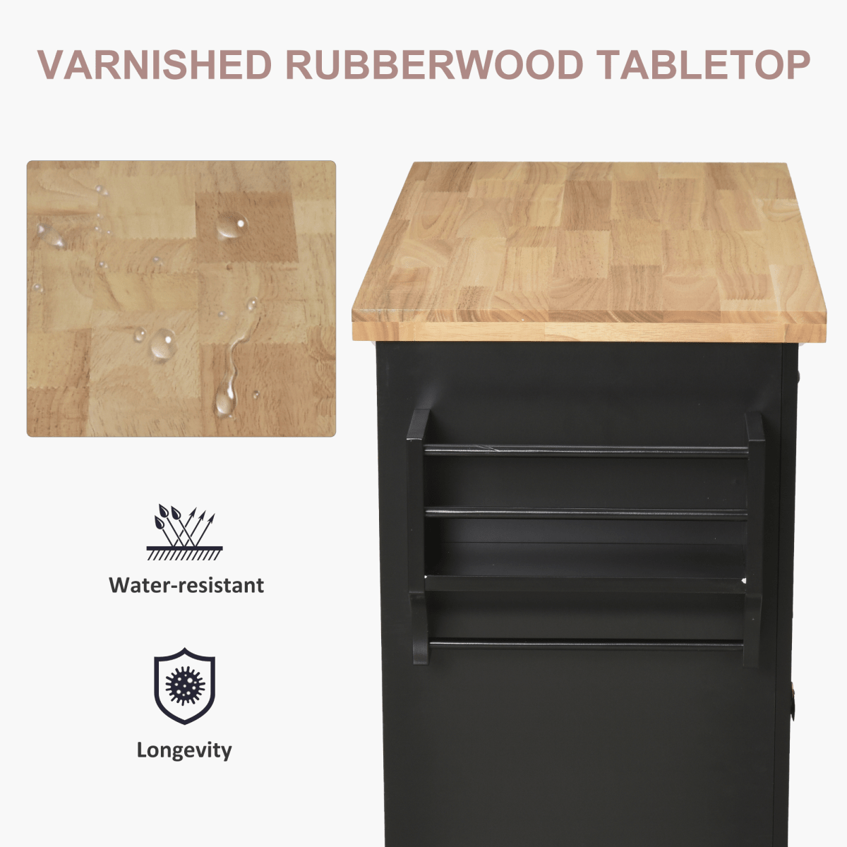 Rolling Kitchen Island Cart with Black Rubberwood Top and Storage Solutions - JP Haus