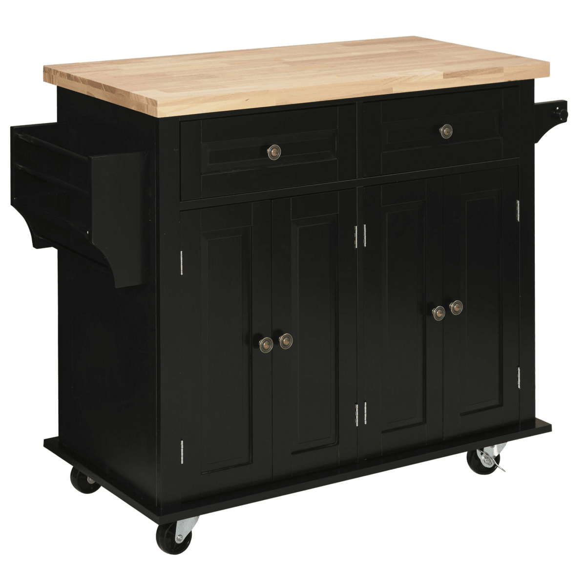 Rolling Kitchen Island Cart with Black Rubberwood Top and Storage Solutions - JP Haus