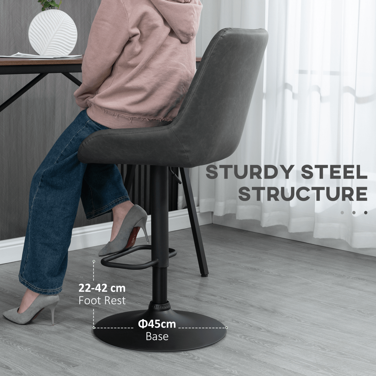 Set of 2 Adjustable Swivel Bar Stools in Grey PU Leather - JP Haus