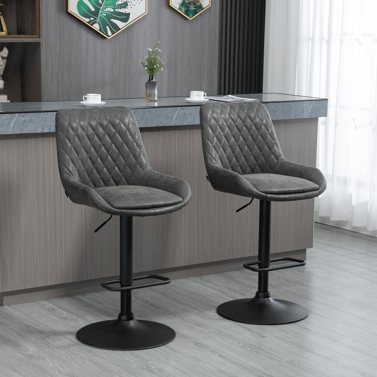 Set of 2 Adjustable Swivel Bar Stools in Grey PU Leather - JP Haus