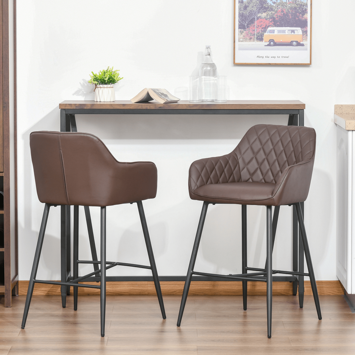 Set of 2 Retro PU Leather Bar Stools with Comfortable Footrest - JP Haus
