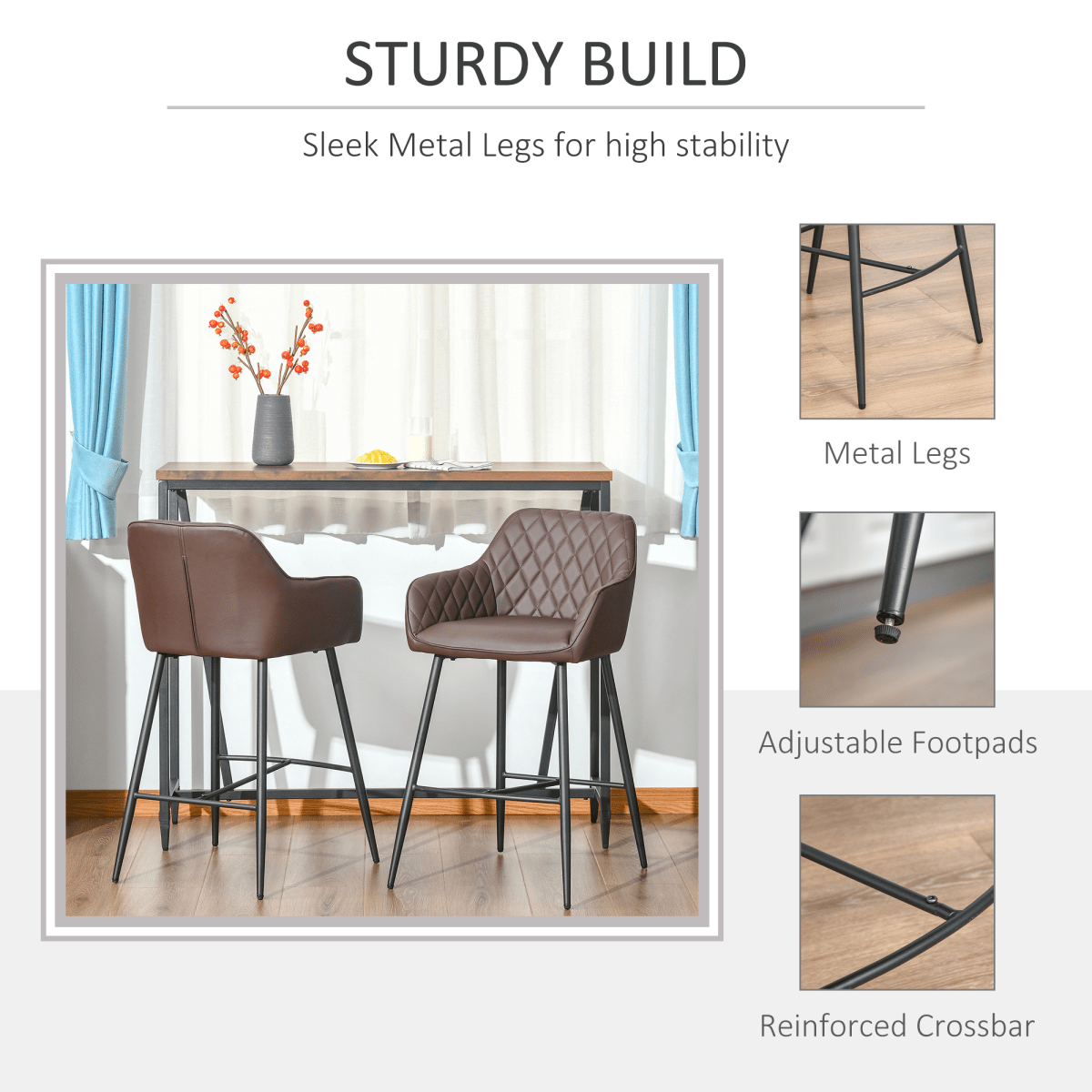 Set of 2 Retro PU Leather Bar Stools with Comfortable Footrest - JP Haus