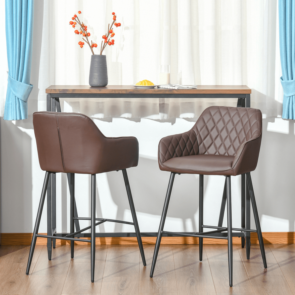 Set of 2 Retro PU Leather Bar Stools with Comfortable Footrest - JP Haus