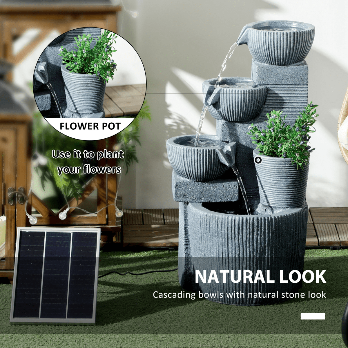 Solar LED Garden Fountain - Dark Grey Waterfall Design - JP Haus